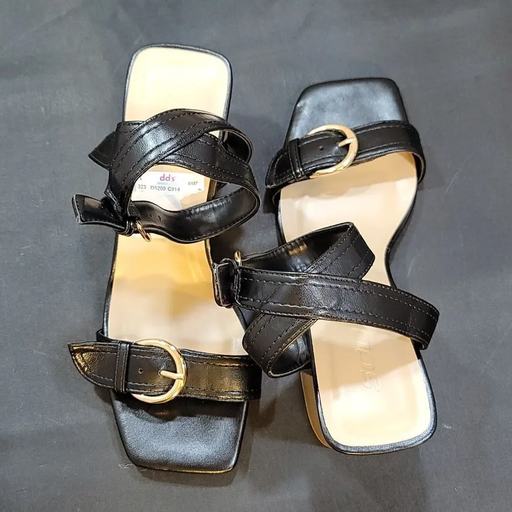 NEW SODA Square Open Toe Metal Buckle Sandals Satacked Low Heel SANDAL